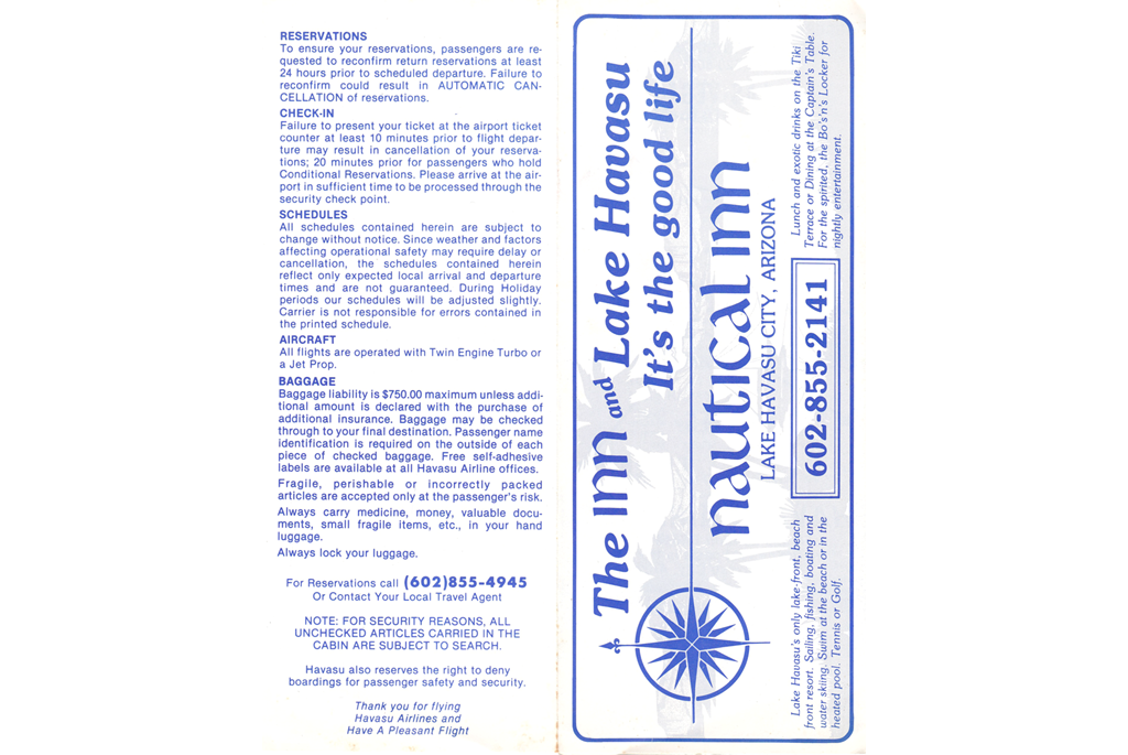 Back for timetable with rules and ad for the inn at Lake Havasu